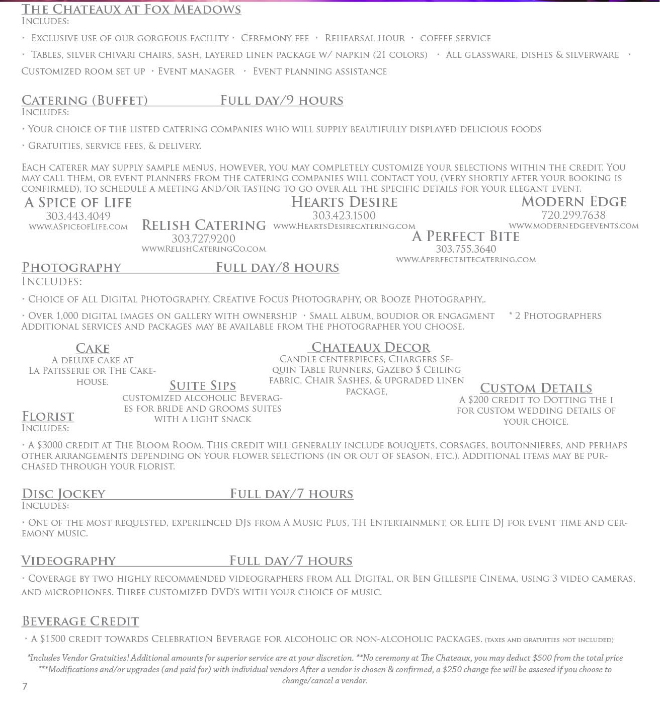 Pricing Packages Caux At Fox Meadows Facility Fees Platinum Inclusive Package Deluxe Wedding